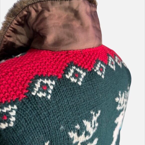 VTG Ralph Lauren Hand Knit Reindeer Cardigan Faux Fur Collar 90's (Size S) - Picture 6 of 16